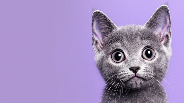Curious grey cat peeking over a purple backdrop Kitten featuring a violet banner template Pet themed design with space for text