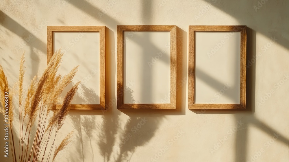 Poster set of 3 minimalistic wooden empty frames for mockup on a neutral boho background featuring shadow e