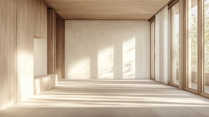 Empty room featuring white walls and wooden elements
