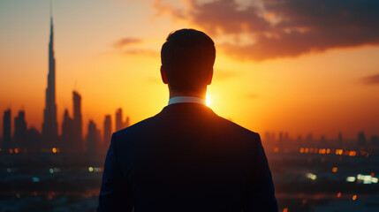 businessman looking at sunset over Dubai skyline, reflecting on opportunities and dreams