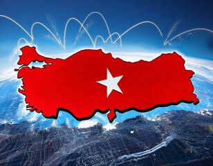 Turkey map silhouette, on black background with world map and blockchain network. Turkey Digital Currency Concept.