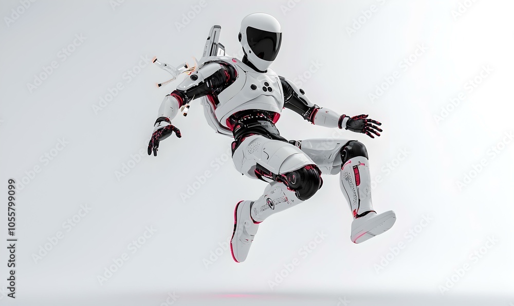 Poster futuristic jetpack robot, a dynamic 3d robotic character soaring through the sky, powered by advance