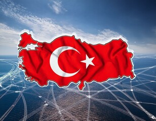 Turkey map silhouette, on black background with world map and blockchain network. Turkey Digital Currency Concept.