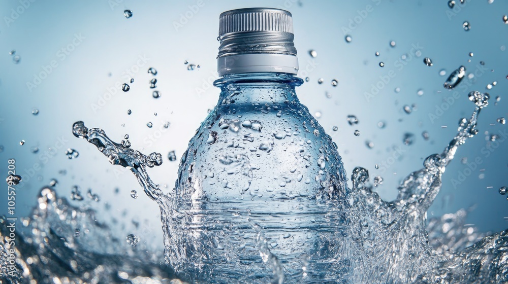Poster dynamic water splash from a bottle emphasizing freshness and energy with a soft blue backdrop