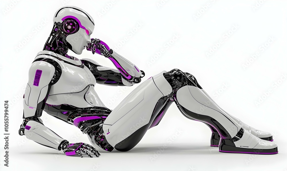 Poster contemplative robot character, a futuristic robot in a thoughtful pose, exploring the depths of arti