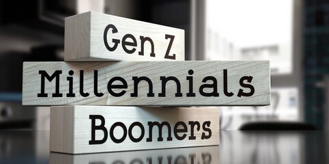 Fototapeta premium Boomers, Millennials, Gen Z - words on wooden blocks - 3D illustration