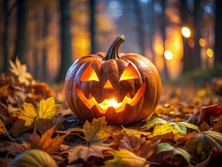 Eerie Glow of a Carved Jack-o'-Lantern on Damp Ground with Leaves