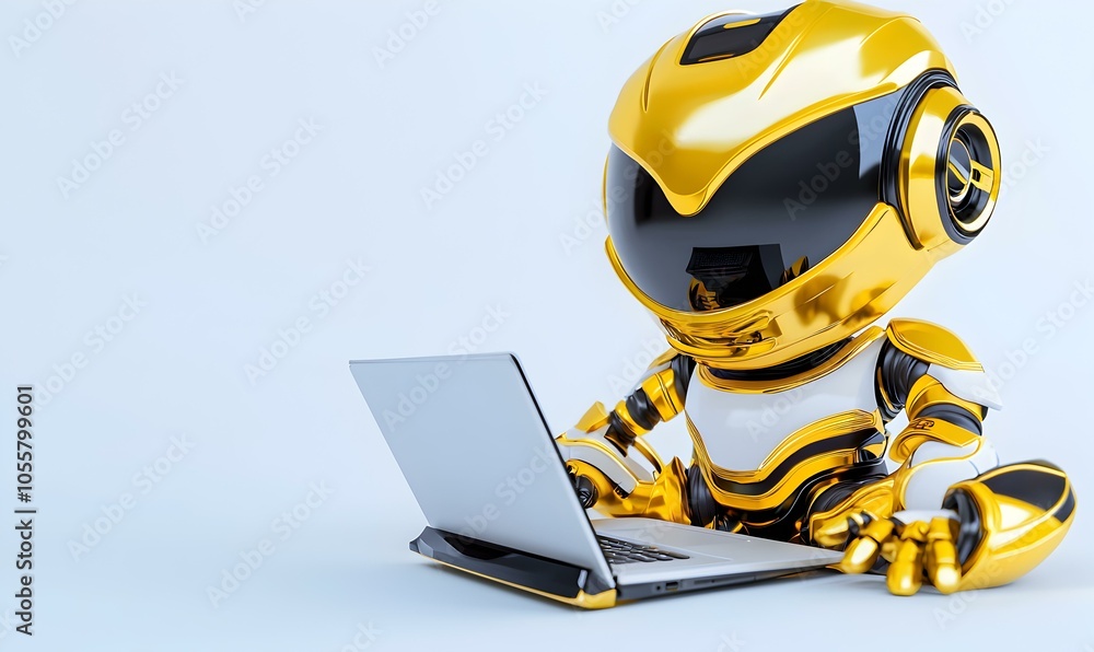 Poster 3d robot character at workstation, a futuristic robot character engaged at a desk, surrounded by adv