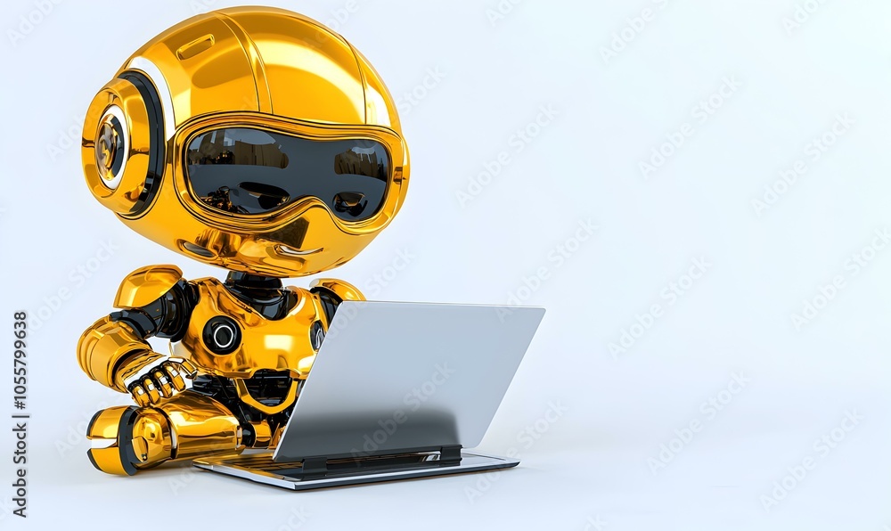 Poster 3d robot character at desk, a futuristic robot character engages in work at a sleek desk, surrounded
