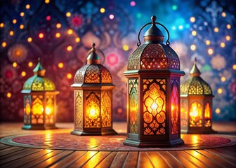 Obraz premium Eid Mubarak Lanterns in a Beautiful Islamic Setting for Celebrating the Festival