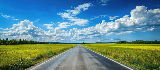 Asphalt Road Among Summer Field Under Blue Cloudy Sky Rural Landscape