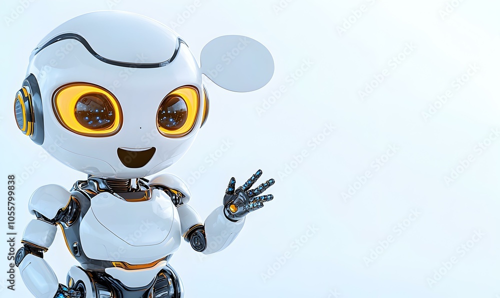 Poster friendly 3d robot character, a cheerful robot with a welcoming expression, waving enthusiastically i