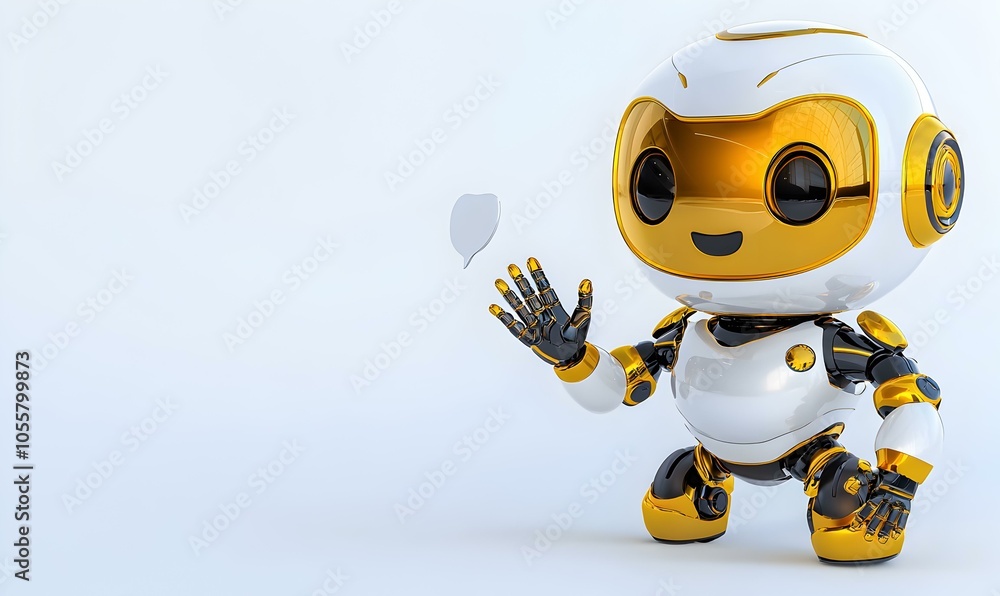 Poster friendly 3d robot character waving, showcasing a cheerful expression, designed with vibrant colors a