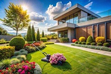 Electric Trimmer Cutting Grass on a Well-Maintained Lawn in Architectural Landscape Design