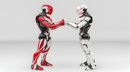 Obraz premium High-Five Encounter, A playful 3D robot enthusiastically engaging with another robot in a friendly high-five gesture, showcasing camaraderie and fun.