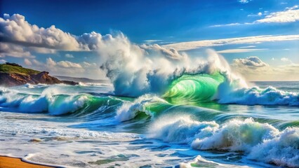Fototapeta premium Powerful Waves Creating Frothy Splashes Along Tranquil Coastline Under Blue Skies