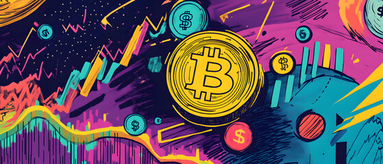 dollar production, coins, stock graphs, and Bitcoin in various creative graphic styles