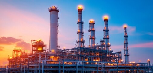 Fototapeta premium Industrial facility at sunset, showcasing pipes and smokestacks illuminated against a colorful sky, highlighting the role of industry in energy production.