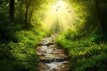 Obraz premium Enchanted pathway with sunlight birds