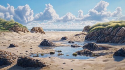 Beach scenery featuring sunlit rocks and tidal pools