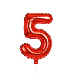 Realistic 3D red number 5 five shaped balloon isolated on white background 