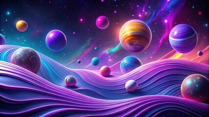 Vibrant abstract planets and waves in purple space with colorful design