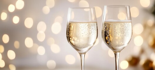 Two elegant champagne flutes filled with sparkling wine, set against a blurred festive background of soft, glowing lights.