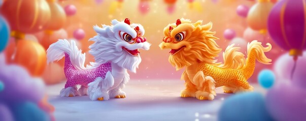 Obraz premium Two vibrant cartoon lion dancers, one pink and one yellow, facing off in colorful celebration with festive lanterns in the background.