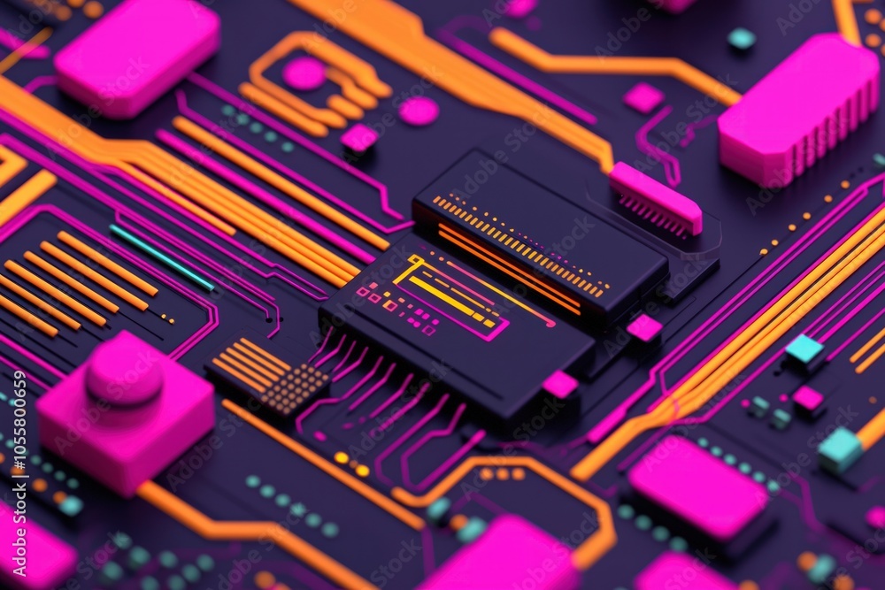 Poster exploring the vibrant circuitry of modern technology with bold colors and design elements