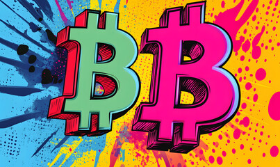 dollar production, coins, stock graphs, and Bitcoin in various creative graphic styles