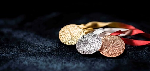 A close-up view of gold, silver, and bronze medals with colorful ribbons on a dark background, symbolizing achievement and competition.