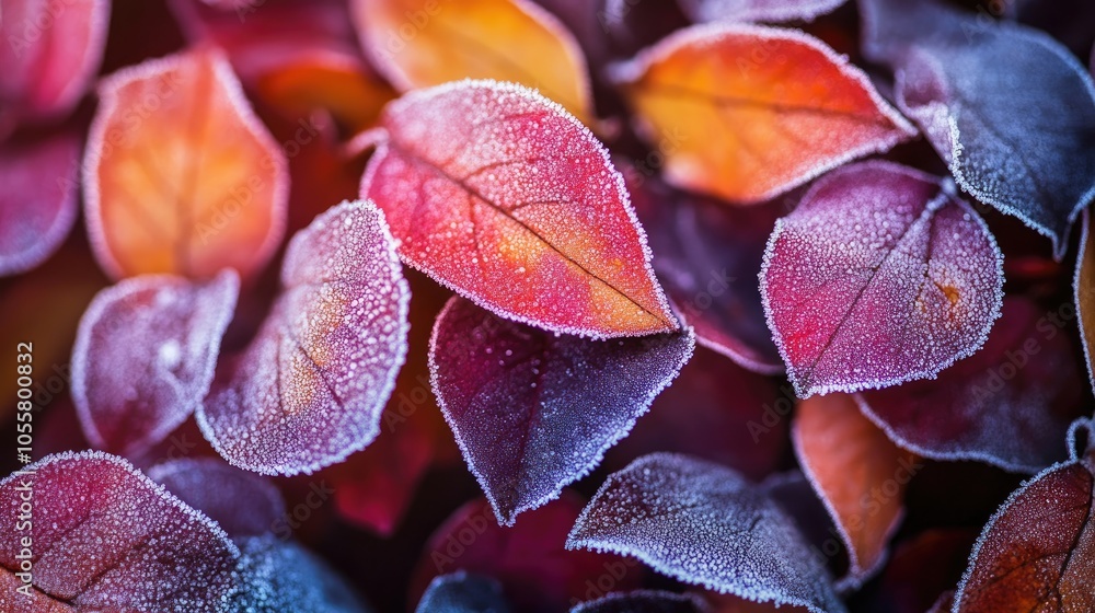 Poster vibrant leaves covered in frost creating a textured pattern in the transition from autumn to early w