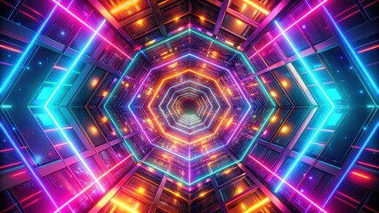 Colorful Neon Geometric Background with Rotating Squares in Fluorescent Ultraviolet Light Spinning Tunnel Modern Abstract