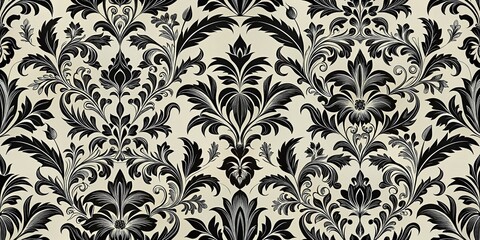 Elegant Black Vintage Floral Leaves Pattern on White Background for Classic Decor and Design Use