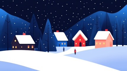 Fototapeta premium Cozy Cartoon Village Scene in Snowy Landscape