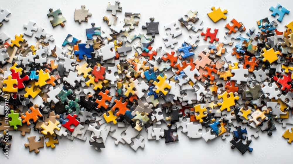 Poster Several separated puzzle pieces scattered on a white background, symbolizing collaboration and problem-solving.
