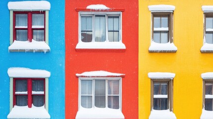 Abstract image of buildings featuring vibrant walls and windows adorned with snow viewed from the street
