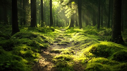 Moss covered forest path illuminated by sunlight creating a serene natural atmosphere