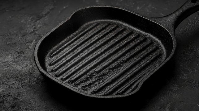 Ribbed black cast iron griddle grill pan with a rough texture background