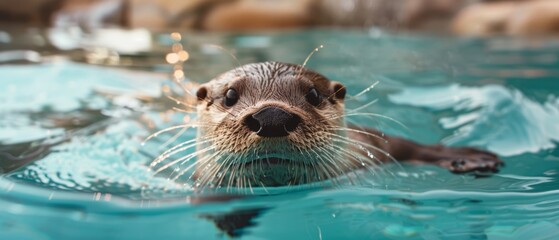 A playful otter pops out of turquoise water, its whiskered face and curious eyes glistening in the sunlight, embodying joy and spontaneity.