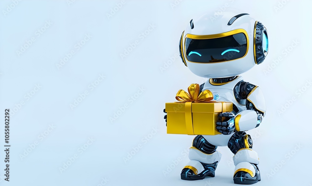 Poster cheerful 3d robot with gift box, a vibrant and friendly robot character joyfully presenting a colorf