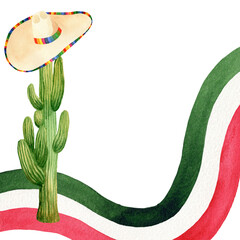 Postcard with mexican flag on ribbon, cactus and sombrero. Watercolor illustration isolated on white background. Painting for postcards, design, cards