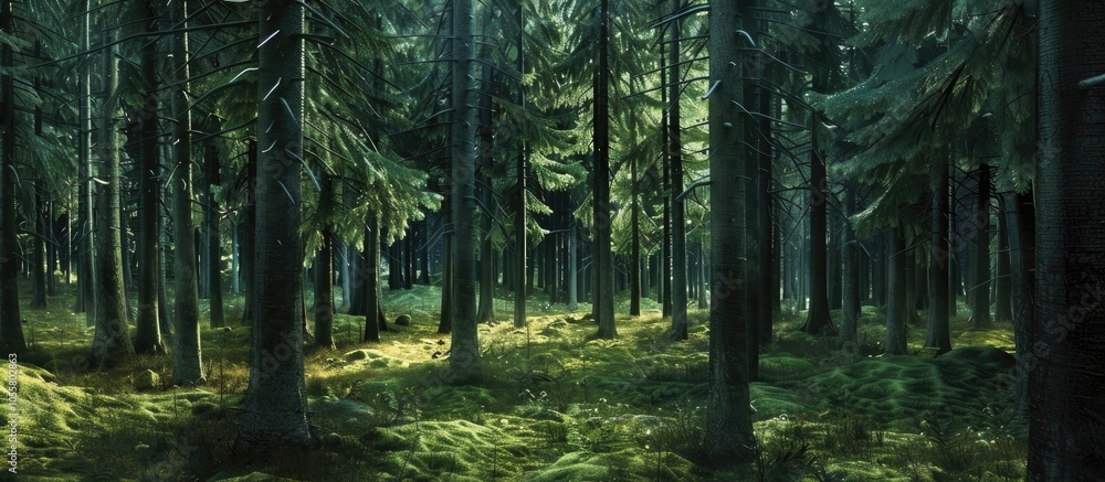 Poster inside pine tree forest coniferous trees