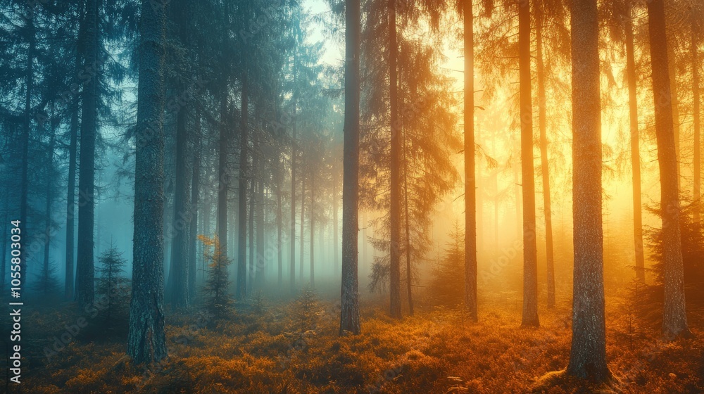 Aufkleber pine trees enveloped in a mystical foggy forest setting