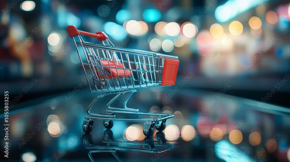 Poster empty shopping cart with bokeh lights in the background