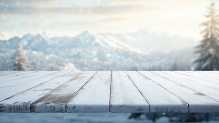 White Christmas wooden table stands empty against a blurred cozy winter holiday backdrop. Copyspace panorama banner scandinavian style