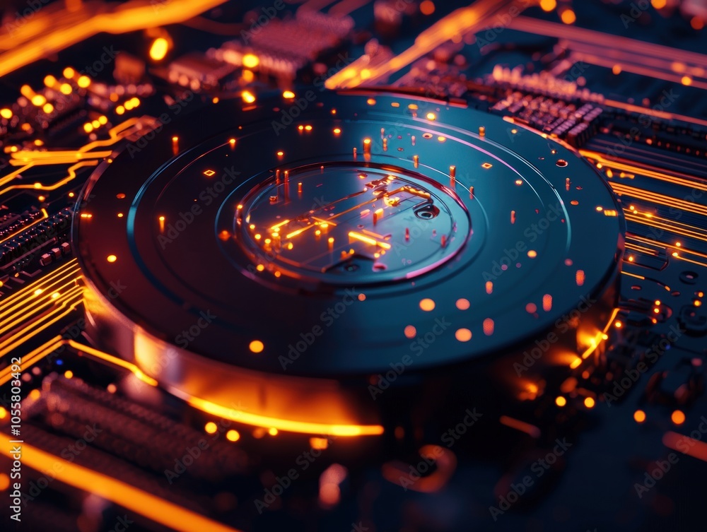 Poster exploring the intricate design of modern technology with a focus on circuitry and innovation