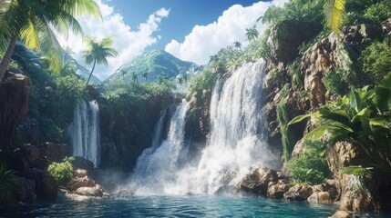 Water cascades forcefully over a rugged cliff generating a misty spray surrounded by lush tropical vegetation and bright blue skies