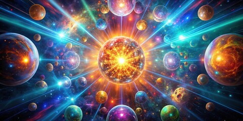 Obraz premium Vibrant cosmic explosion with pulsing orbs and kaleidoscopic distortions for futuristic design projects