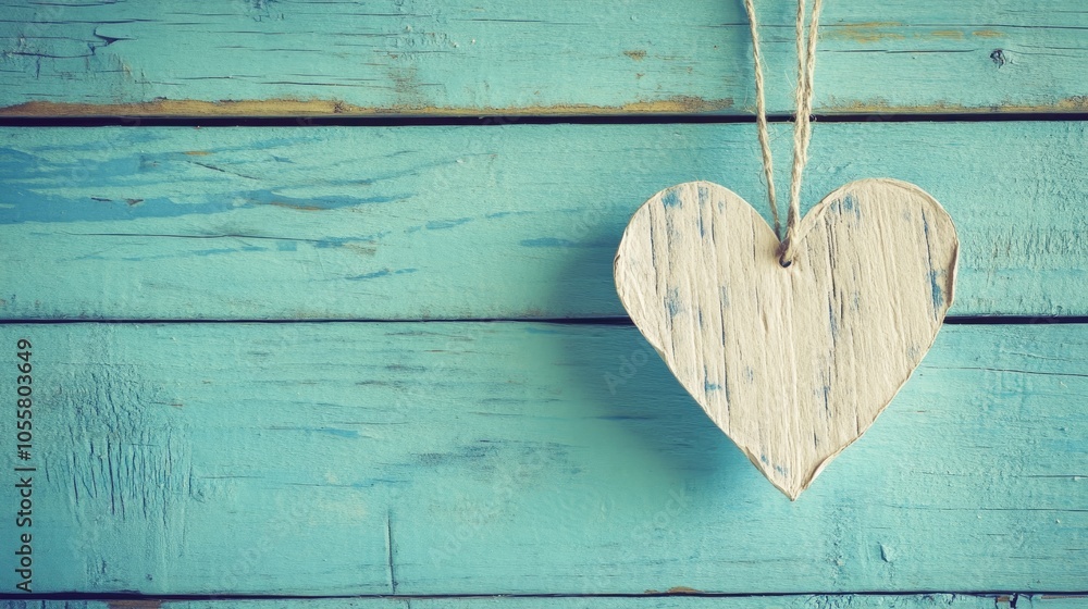 Poster hanging paper heart on string set against a turquoise wooden backdrop enhanced with a retro instagra